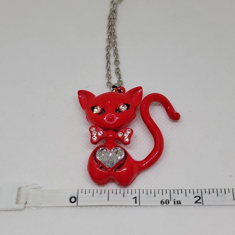 Kitty Cat Pendant Necklace Red Rhinestone Movable Head 14